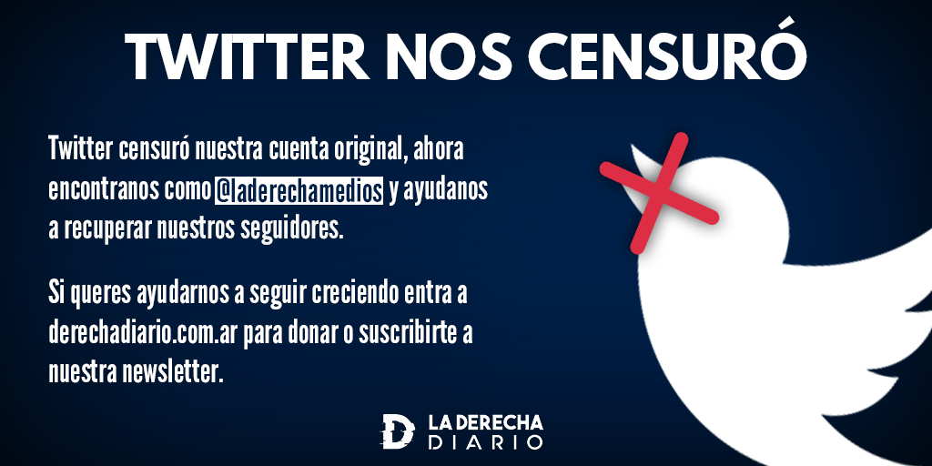 pulsopopular_'s tweet photo. 📰 | Twitter nos censuró y se niega a devolvernos la cuenta original @laderechadiario, a pesar de no podernos explicar qué regla hemos incumplido. Con esta censura, perdimos alrededor de 60 mil seguidores.

¡Ayudanos a difundir @laderechamedios y a recuperar nuestros lectores! https://t.co/C5Sz4UMg68