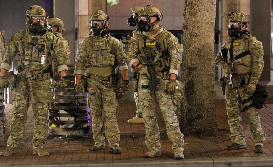 Make a note, We need to forbid police and federal agents from using military uniforms . The camo uniforms are meant to blend into terrain, the want to be warriors should be in police uniforms  with names and badge numbers , this secret  police bullshit is misuse of  @DHSgov