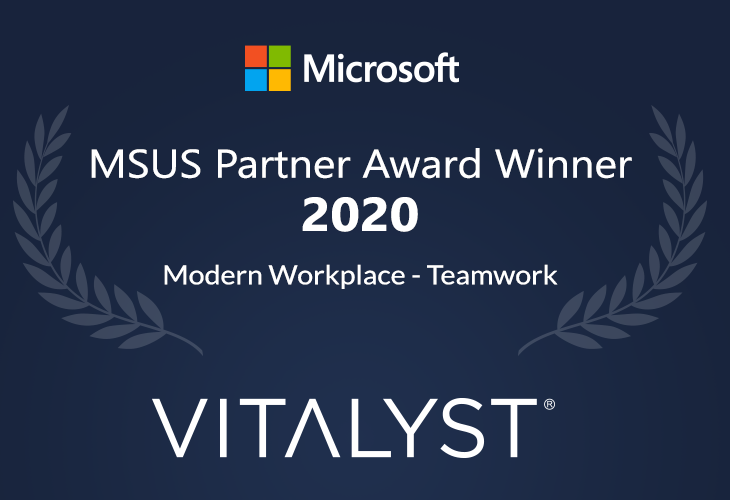 Vitalyst's tweet photo. Vitalyst is honored to be awarded the 2020 MSUS Partner Award Winner –#Modern Workplace–Teamwork
We are so grateful for the opportunity to work together with Microsoft to guide countless individuals in adjusting to their own new normal through the power of modern Teamwork.#Teams https://t.co/vkQFpok7De