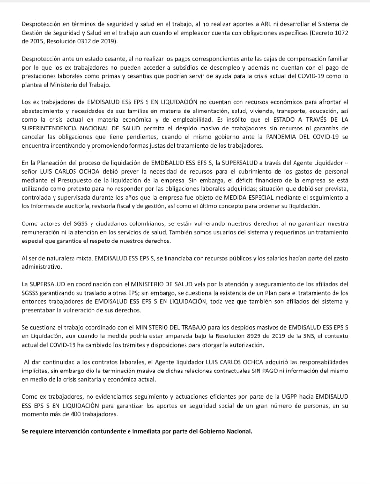 palaciounico's tweet photo. ABANDONO DEL ESTADO EN TIEMPOS DE CORONAVIRUS
Caso Ex trabajadores del proceso de liquidación de Emdisalud #ExtrabajoresEmdisalud #TrabajadoresEmdisalud #SolucionesSuperlalud #SolucionesMinsalud #DerechosLaborales
@IvanDuque @MintrabajoCol @FabioUCD @infopresidencia https://t.co/v61XQ0hENG