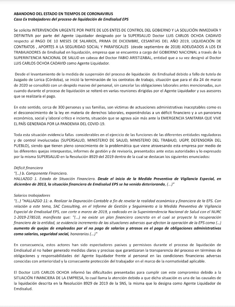 palaciounico's tweet photo. ABANDONO DEL ESTADO EN TIEMPOS DE CORONAVIRUS
Caso Ex trabajadores del proceso de liquidación de Emdisalud #ExtrabajoresEmdisalud #TrabajadoresEmdisalud #SolucionesSuperlalud #SolucionesMinsalud #DerechosLaborales
@IvanDuque @MintrabajoCol @FabioUCD @infopresidencia https://t.co/v61XQ0hENG