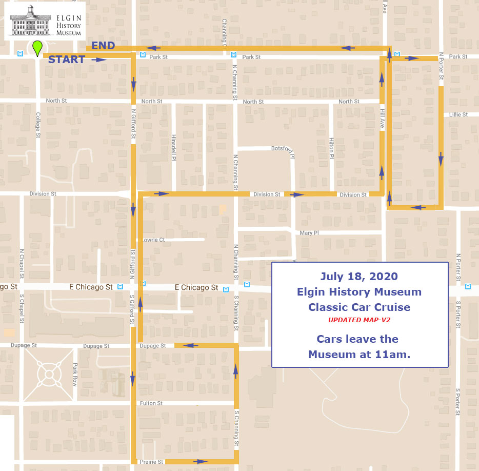THIS SATURDAY, JULY 18 instead of the Classic Car Show at the Elgin History Museum, there will be a Classic Car Cruise! Feel free to sit anywhere along the route: map is attached. 
#classiccars #classiccarcruise #historyiscool #supportlocalhistory #exploreelgin
