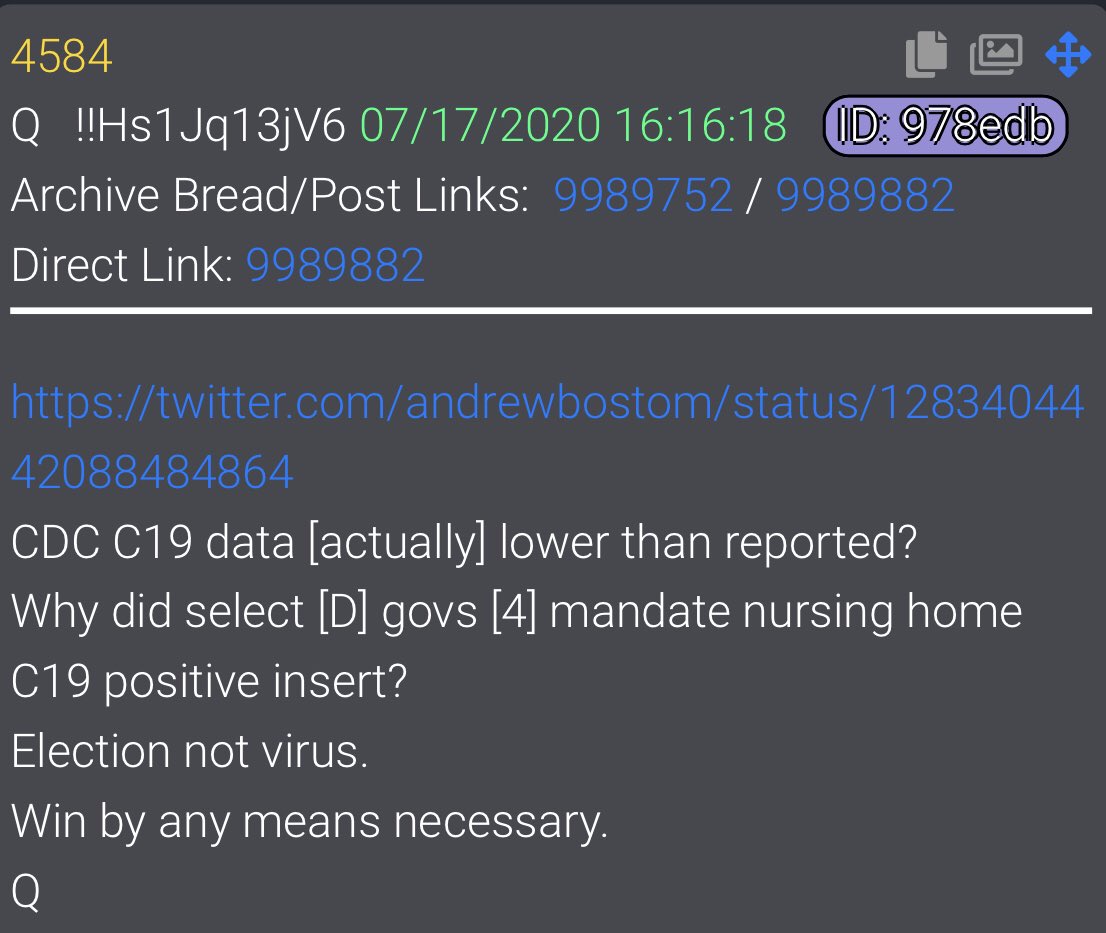  #QAlert 7/17/20 Q4584 https://twitter.com/andrewbostom/status/1283404442088484864CDC C19 data [actually] lower than reported?Why did select [D] govs [4] mandate nursing home C19 positive insert?Election not virus.Win by any means necessary.Q