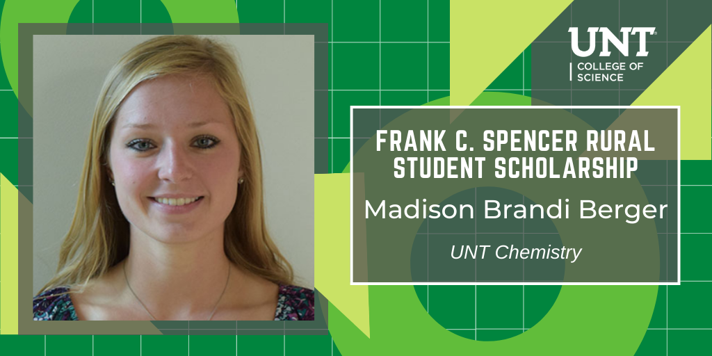 UNTScience's tweet photo. Talk about #UNTproud! @UNTChemistry graduate student Madison Berger is the recipient of our 2020-21 scholarship in honor of Dr. Frank C. Spencer, and she was also awarded a fellowship with @MolSSI_NSF earlier this year. Keep up the great work, Madison! #UNTscience https://t.co/NG1l1IXim6