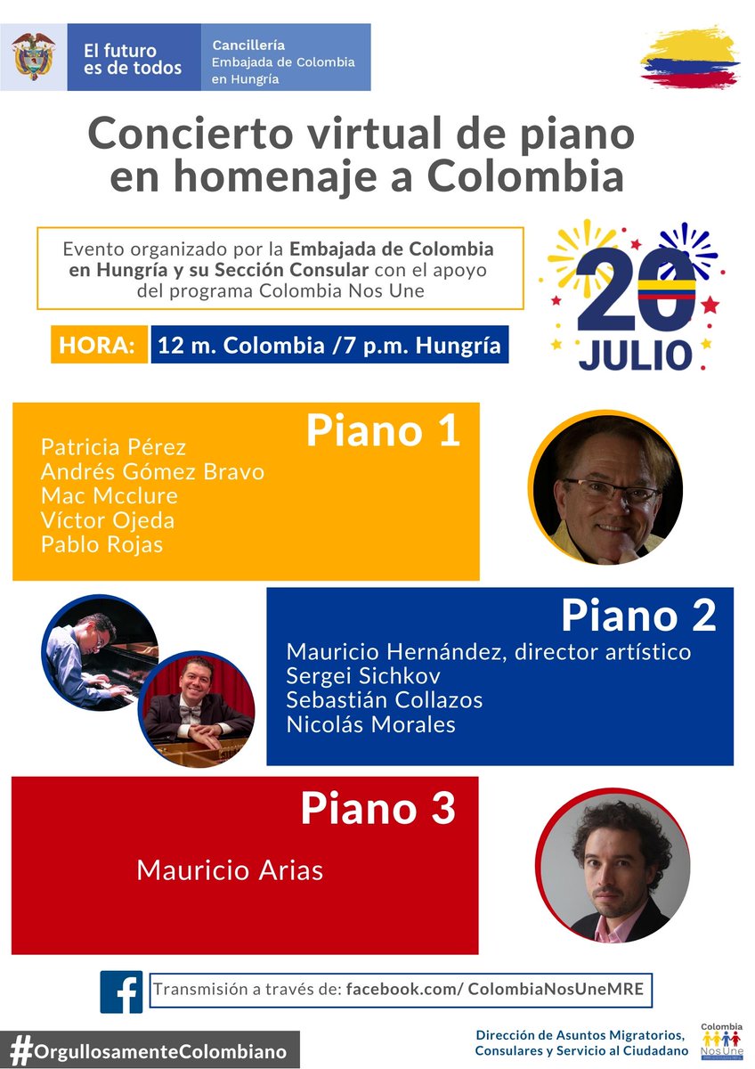 ColombiaNosUne's tweet photo. 💛💙❤Concierto virtual de piano en homenaje a #Colombia.🎹Una invitación de la Embajada de Colombia en Hungría y su Sección Consular, con el apoyo del programa Colombia Nos Une de @CancilleriaCol.🇨🇴 #20DeJulio https://t.co/6vLJEayYxy