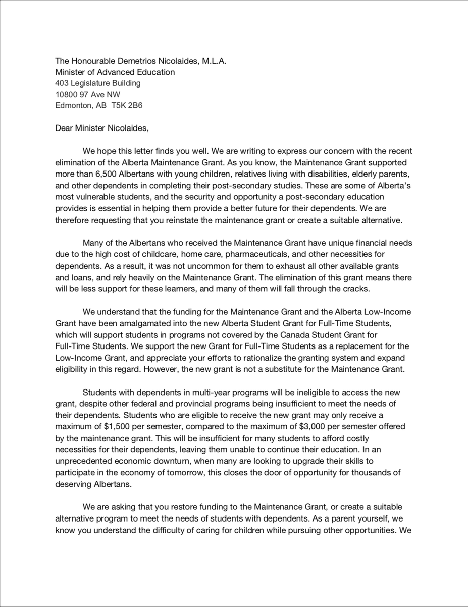 CAUS's tweet photo. We're joining our friends @AlbertaStudents to ask @demetriosnAB to restore grants for students with dependents. Check out our letter #abpse #ableg #abed
⬇️⬇️⬇️ https://t.co/8tjPZjcx4G