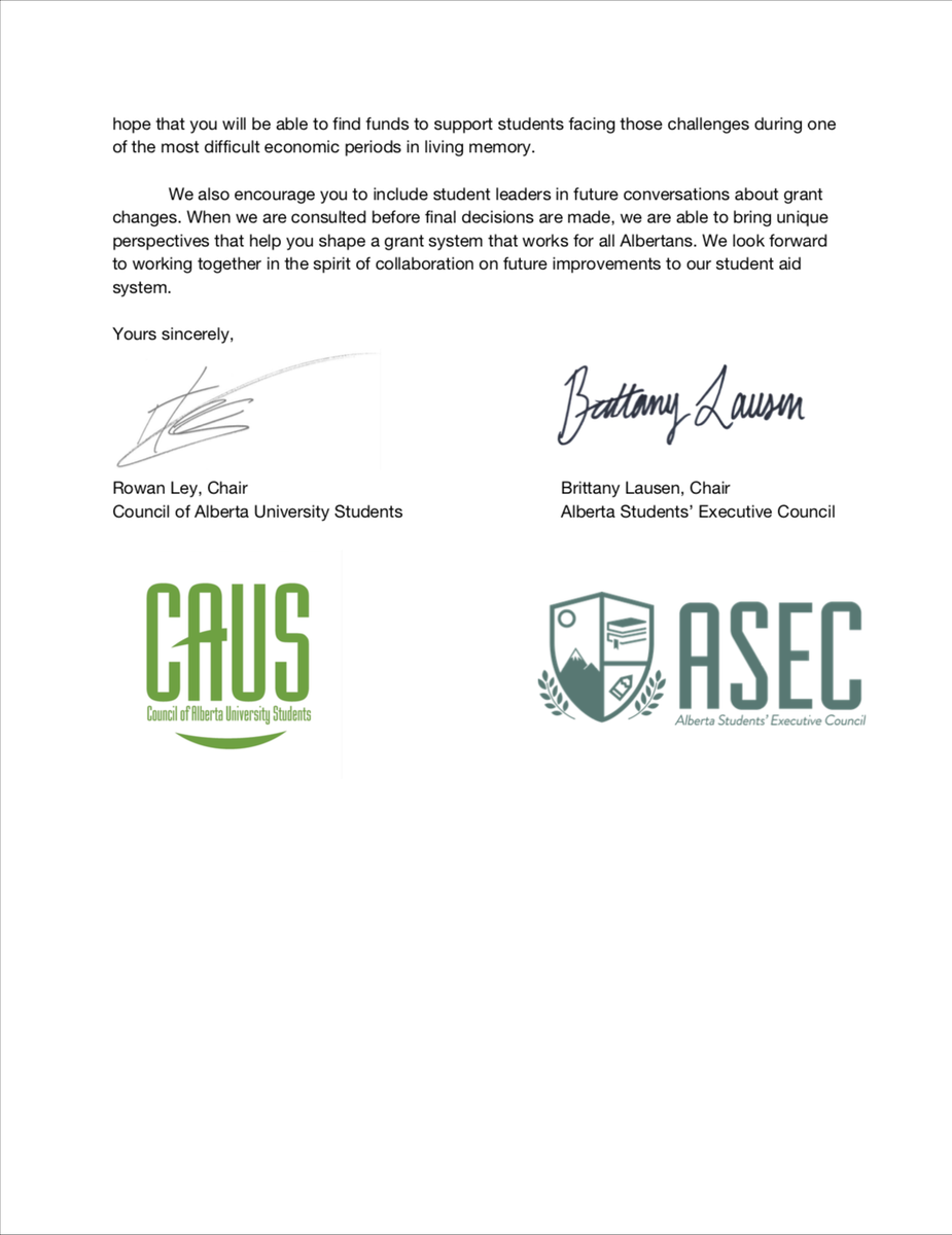 We're joining our friends <a href="/AlbertaStudents/">Alberta Students' Executive Council (ASEC)</a> to ask <a href="/demetriosnAB/">Demetrios Nicolaides 🇨🇦 🇨🇾</a> to restore grants for students with dependents. Check out our letter #abpse #ableg #abed
⬇️⬇️⬇️