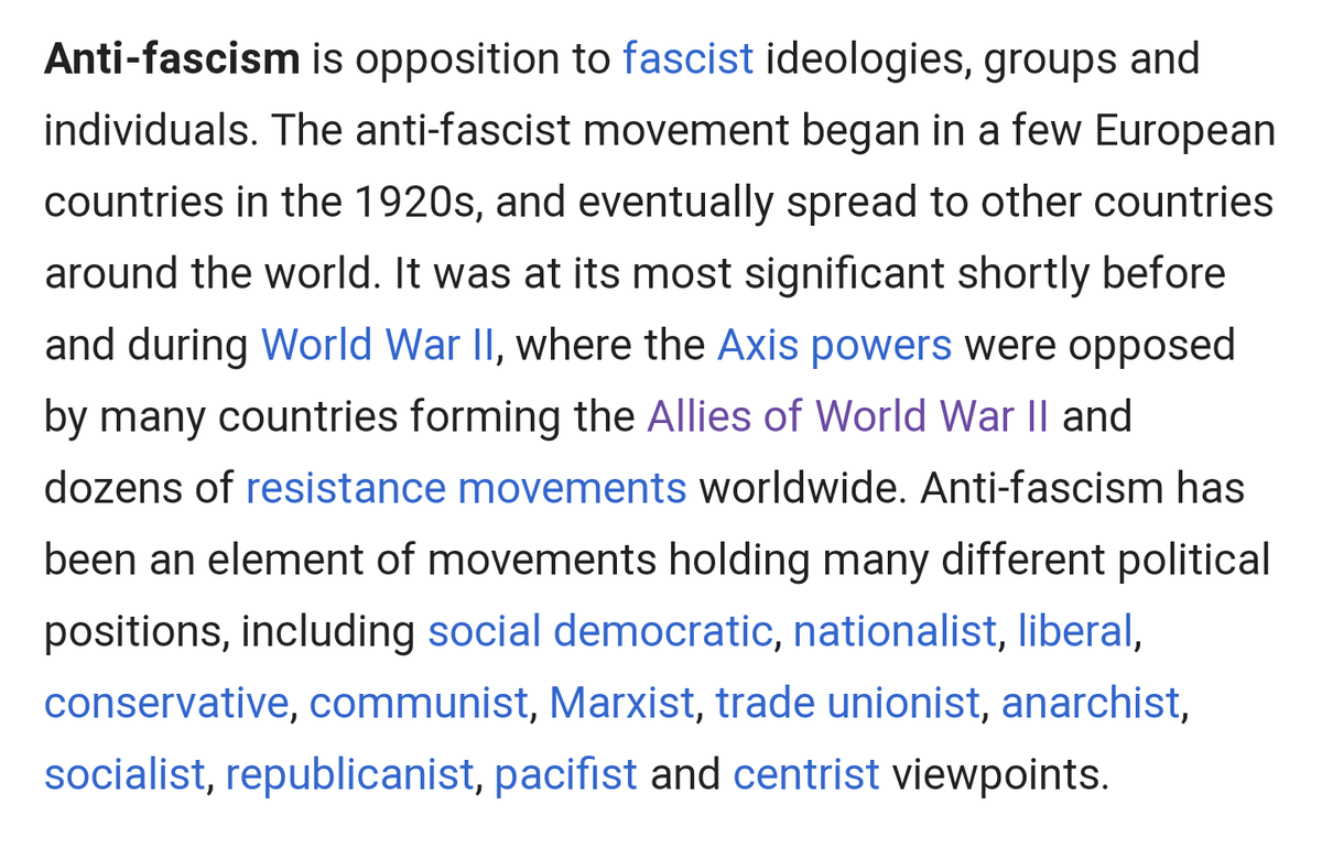 @NetWandering @QueenNat19 @randormion @ben_rosen Um. Anti-fascist movements are United in being against fascism. They can spread the whole spectrum of political ideology otherwise.