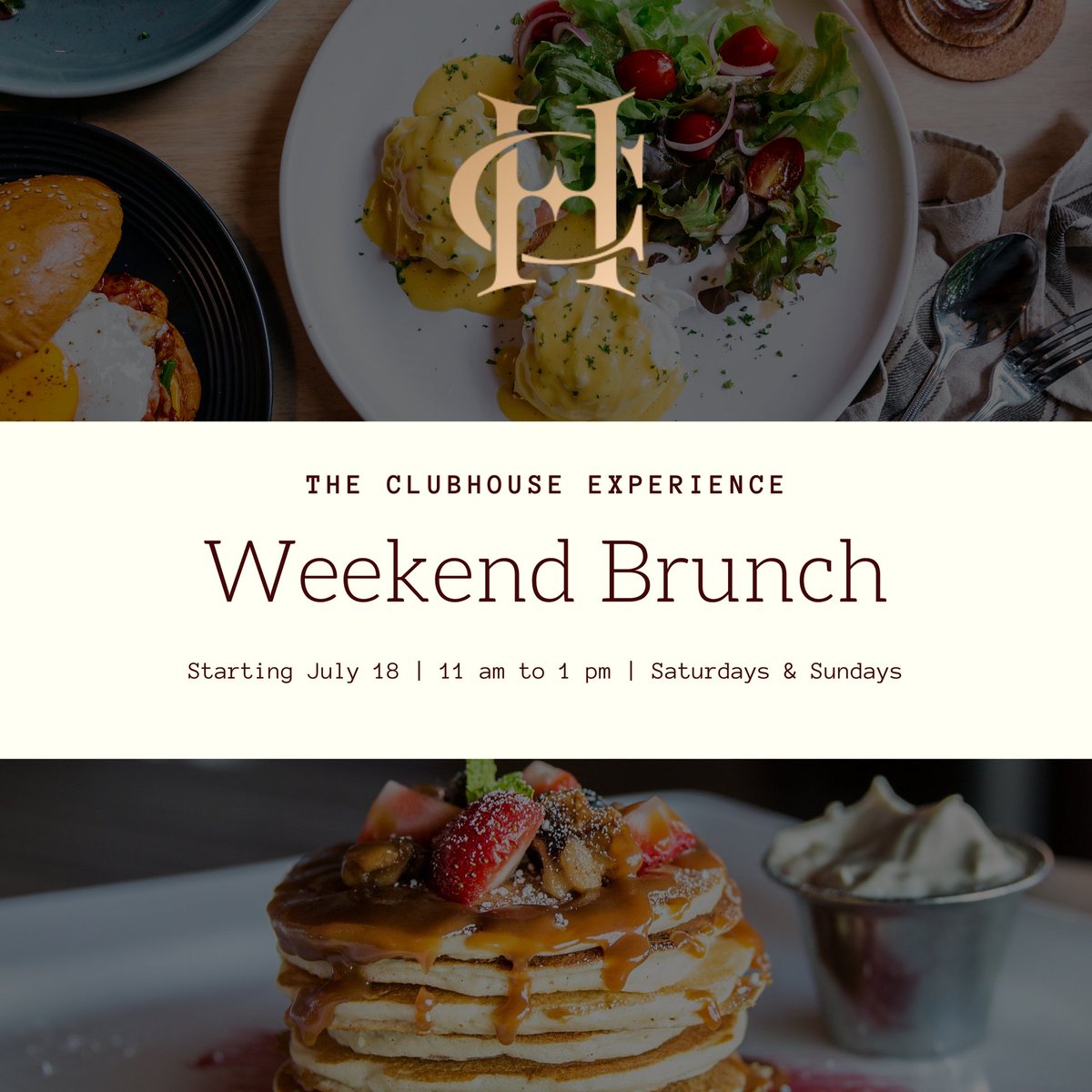Brunch is Here! A Clubhouse Experience isn't complete without Weekend Brunch. Starting tomorrow, Saturday July 18, we'll be offering a full Brunch Menu from 11 am- 1 pm every Saturday &amp; Sunday! 🍳 🥂 🥑 🥓 🥐

Call to make a reservation! 
 📞 (816) 216-7978