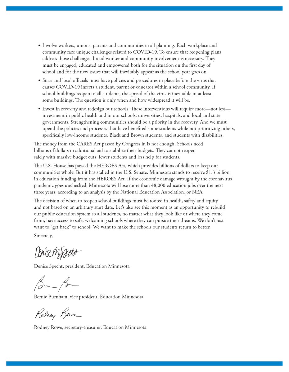 EducationMN's tweet photo. BREAKING: The health and safety of students and educators must be the first priority and guiding principle in returning to school this fall. 

Read our letter to @GovTimWalz, @mcricker and @MDHCommMalcolm: https://t.co/4U0LOmLpeg #mnleg #edmnvotes #weareedmn https://t.co/4KXw7Kq0JM