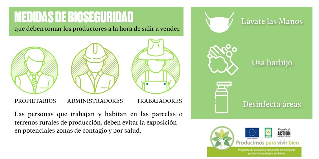 ProdEcologicBol's tweet photo. Desde #AOPEB te presentamos las medidas de bioseguridad que deben tener los productores a la hora de salir a vender para evitar el contagio del #COVID19 y así cuidarnos.
Recuerda que la salud es lo primero. #Producimos_Para_Vivir_Bien #UE #PracticalAction #Producción_Ecológica https://t.co/tHqjeIUAJc