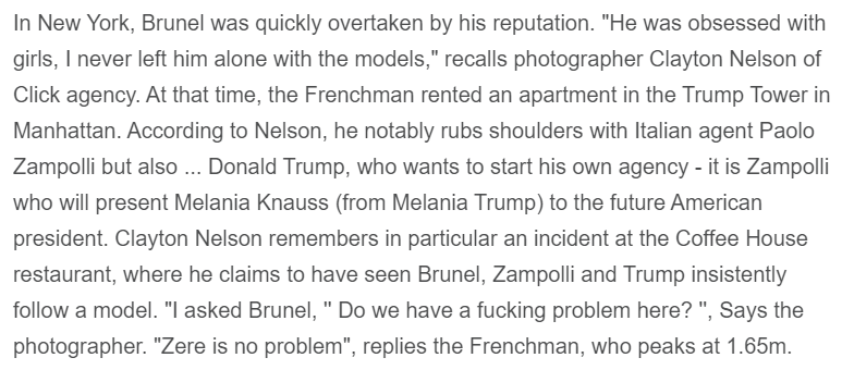 And where there is Epstein and Maxwell, there is sure to be Jean Luc Brunel. "Brunel, Zampolli and Trump insistently follow a model."  https://www.20minutes.fr/monde/2813907-20200703-quand-ghislaine-maxwell-cote-jeffrey-epstein-francais-jean-luc-brunel-jamais-loin