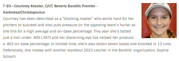 Bandits05's tweet photo. Congrats to Courtney Kessler on being ranked #83 by @ExtraInningSB well deserved Courtney. https://t.co/fpTs4fBHDL