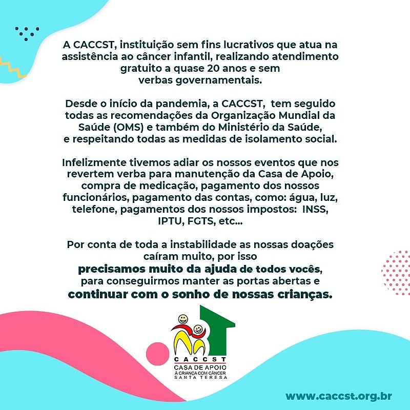CACCST's tweet photo. ESTAMOS PRECISANDO DE VOCÊ!! Mas do que nunca, precisamos do seu apoio, para continuar cuidando de nossas crianças.  #juntossomosmaisfortes ❤🙏 https://t.co/kjSFkYGipP