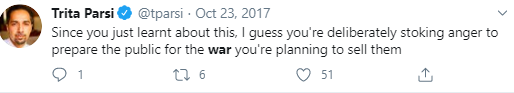 1/ Thread (mostly screenshots)I made a joke earlier that  @tparsi is always claiming that war is just around the corner. I decided to check (I didn't have time to go earlier than 2016.)I give you Trita "give us money because war is coming" Parsi. https://twitter.com/kshahrooz/status/1284152574061486093