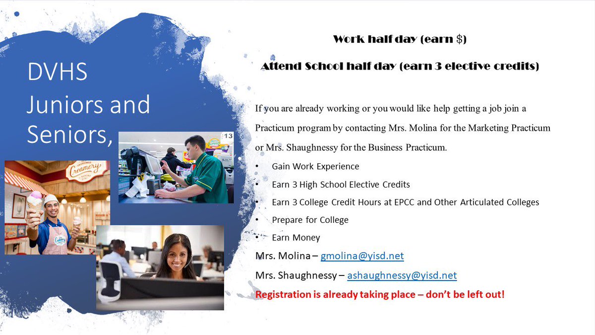 DVHSYISD's tweet photo. ATTENTION: Juniors and Seniors, take a look at some options for our work study programs. #OFOD #ItsWhatWeDo #WeAreOne #THEDISTRICTofChampions #WeDeliverExcellence #NavigateYourPath @ysletaisd https://t.co/lBgIwXbwy7