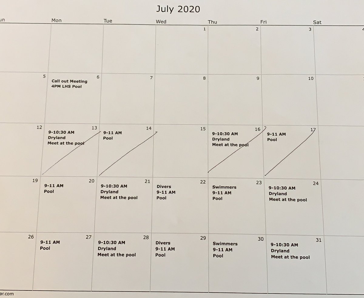Take note of the revised schedule for the rest of July.  Both swimmers and divers will be in the pool on Mondays and will do dryland together on Tues and Fri. Great week of Practice!!!