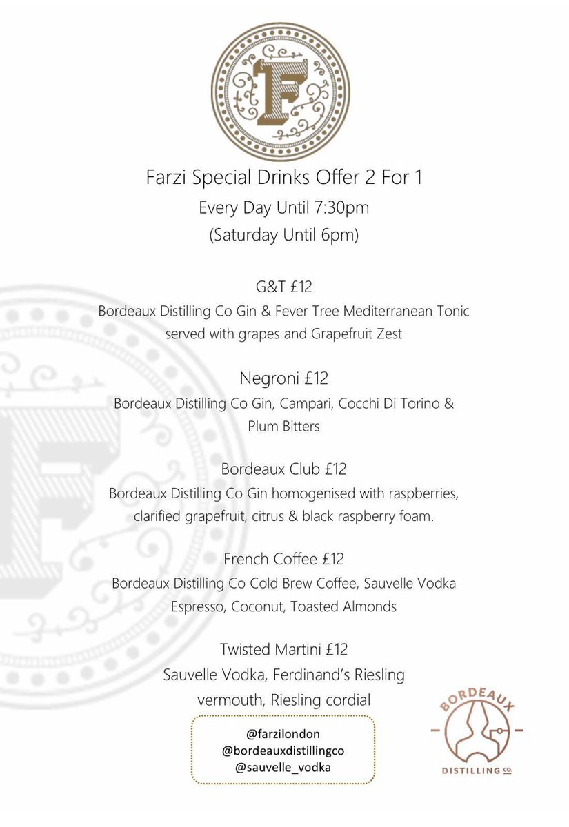 Starting today, and till the end of summer, here is the Bordeaux Distilling Co x <a href="/FarziCafe/">Farzi Café</a> London Special Drinks Offer! 🍹 🍸 🥃 👌