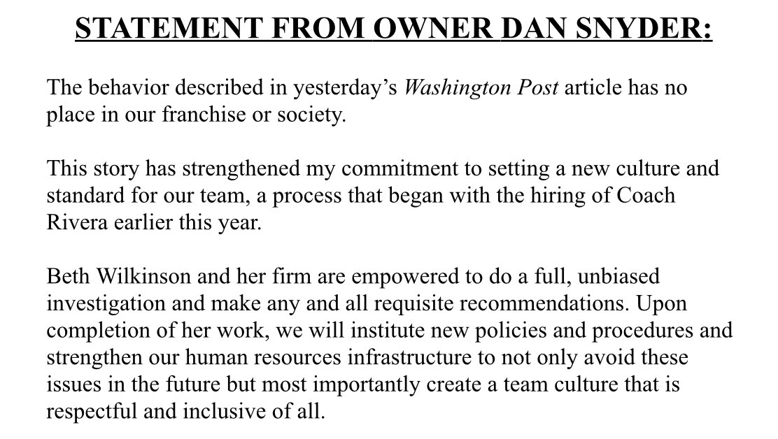 BaezLeyvaJ's tweet photo. #NFL | El comunicado de Daniel Snyder después de lo publicado por el Washington Post. 

#Redkins #Washington https://t.co/lhWiKAV6UT
