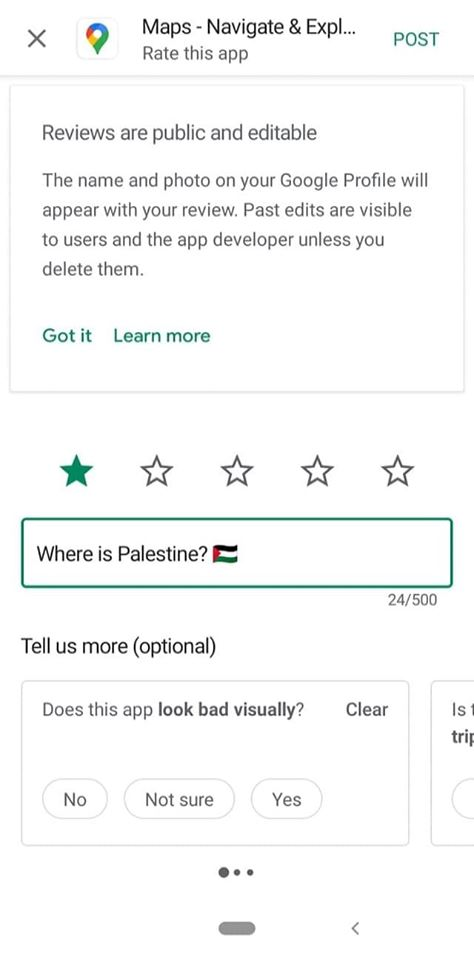 yourjfasman's tweet photo. Rate Google Map 1⭐ on Google Play Store and Ask 'Where is Palestine 🇵🇸?'

#IStandWithPalestine #FreePalestine #Bangladesh 
#Dhaka #justiceforpalestine https://t.co/6PIyVwhKNx