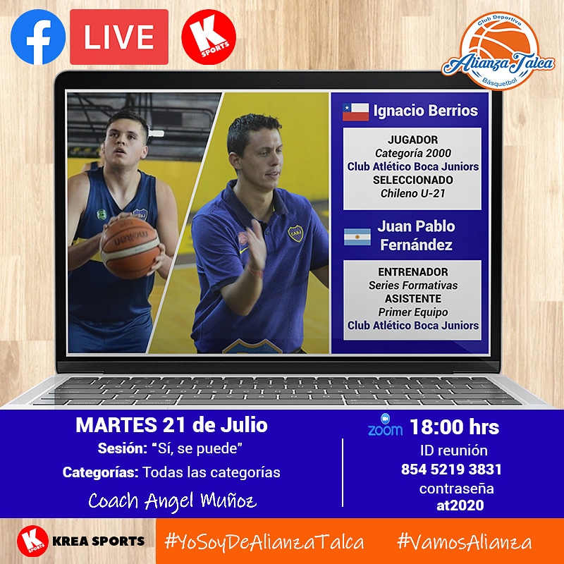MARTES 21 de julio en vivo por el fanpage de <a href="/KreaSports/">KREA Sports</a>, nuestro coach <a href="/AngelMunoz813/">Angel Fernando Muñoz</a> tendrá dos grandes invitados de <a href="/BasquetBocaJrs/">Boca Básquet</a> 🇦🇷, el coach de las Series Formativas <a href="/Juanpbocabasket/">Juan pablo fernandez</a>, y nuestro compatriota jugador de los xeneizes, <a href="/IgnacioBerrio18/">ignacio_berrios21</a> 🇨🇱.
#YoSoyDeAlianzaTalca