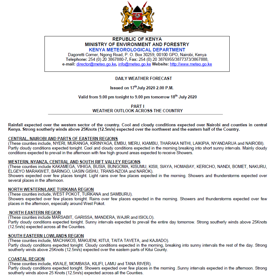 MeteoKenya's tweet photo. WEATHER OUTLOOK

🌦️⛈️ Rainfall expected over the western sector of the country. Cool and cloudy conditions expected over Nairobi and counties in central Kenya. 

Strong southerly winds above 25Knots (12.5m/s) expected over the northwest and the eastern half of the Country. https://t.co/nLUqaG63hi
