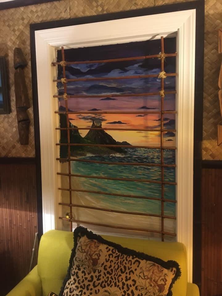RHBrauchler's tweet photo. Nicole is almost finished with the mural. What a beautiful job she’s doing on it!
I have to finish up the bamboo details and paint the door frame.
Some fake plants and some lighting and we’ll be done!
#Quarantiki #HomeTikiBar #EnchantedTikiRoom #AdventureRoom https://t.co/tuDkPaPgbX