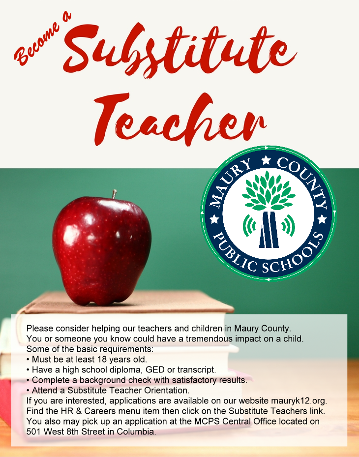 MauryCoSchools's tweet photo. Impact a child! Substitute Teachers Needed!

Become a Substitute Teacher for Maury County Public Schools. Must be at least 18 years old and a high school graduate. See details at https://t.co/eJcqhmmJV1, HR &amp; Careers, then choose Substitute Teachers link. https://t.co/4M958CB2PI