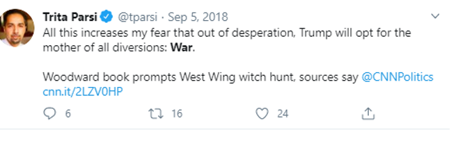 1/ Thread (mostly screenshots)I made a joke earlier that  @tparsi is always claiming that war is just around the corner. I decided to check (I didn't have time to go earlier than 2016.)I give you Trita "give us money because war is coming" Parsi. https://twitter.com/kshahrooz/status/1284152574061486093