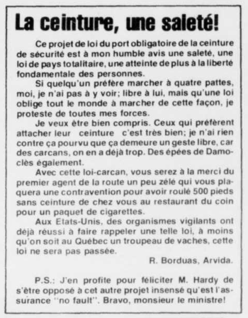 MikLalancette's tweet photo. Le port du masque obligatoire en 2020...

et le port de la ceinture obligatoire en 1976 au Québec.

Le Progrès-Dimanche du 9 mai 1976 :

#Plusçachangepluscestpareil https://t.co/I9lA4IHnl8
