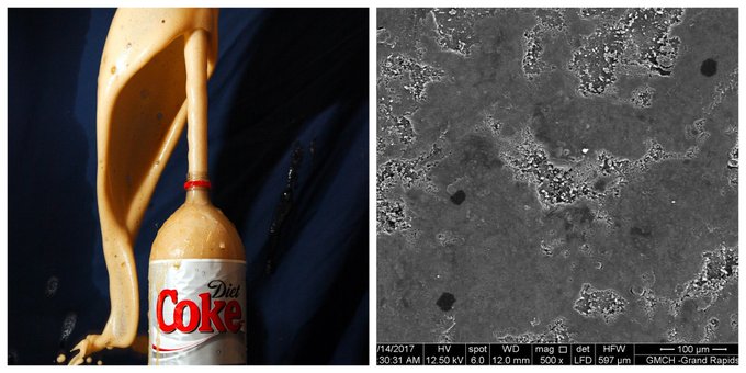 Al mezclar Mentos y Cocacola se produce un géiser como el de la img. izquierda. Ocurre porque las imperfecciones de la superficie rugosa del caramelo (img. derecha) actúan como punto de nucleación donde se forman rápidamente burbujas de CO2  #gominolasdepeseta