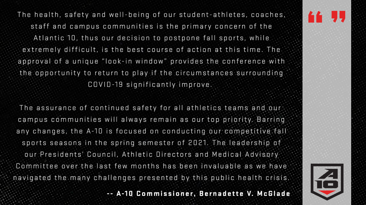atlantic10's tweet photo. Comment from Commissioner McGlade on today’s fall sports announcement.

STORY: https://t.co/NXuzTa1Hc4

FAQ: https://t.co/1FgyzlO3FM https://t.co/Z7rL5nRH6B