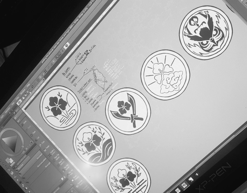 gabesapir's tweet image. when i'm not working on my current commission i've been getting back into my ttrpg campaign world and these are some clan crests i've been working on for a neighbouring nation which has been fun! especially the owlbear one  #OriginalContentArtist