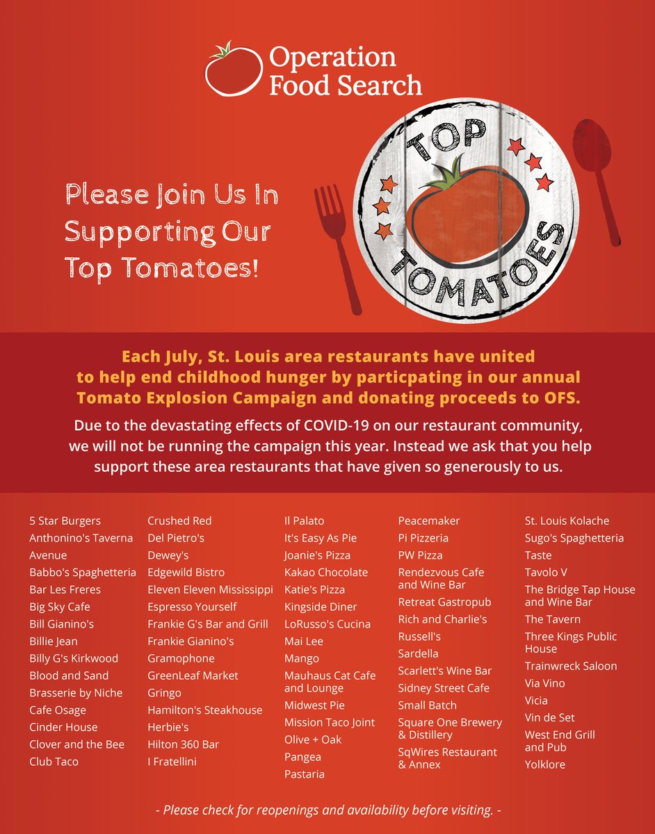 OPFoodSearch's tweet photo. If you're eating at or ordering from restaurants this weekend, please consider supporting our supporters! These restaurants partnered with us on our Tomato Explosion campaign last year, raising thousands of $$ to help #HealHungerSTL. #STLMade4Good #STLfood #TomatoExplosion https://t.co/UniuaAPfzX