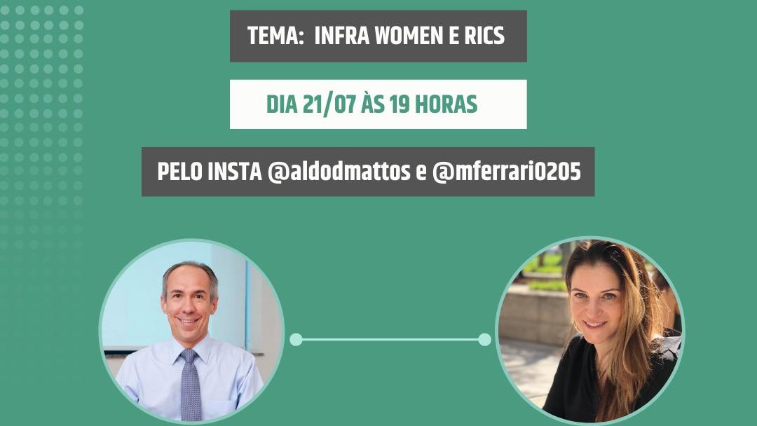 No próximo 21 de julho, <a href="/MarciaMFerrari/">Marcia M Ferrari</a> da <a href="/infrawomen/">infrawomen</a> e <a href="/RICSnews/">RICS</a>, participará de uma live com #AldoMattos no Instagram sobre o papel das mulheres no setor de infraestrutura. Anote já na agenda e não perca!