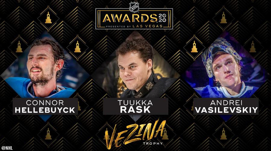 NHL's tweet photo. Who's your pick to win the Vezina Trophy: Connor Hellebuyck, @tuukkarask or Andrei Vasilevskiy? 🏆 #NHLAwards 

@NHLdotcom has more ➡️ https://t.co/oEt9kiHGWc https://t.co/qAIW30Fflk
