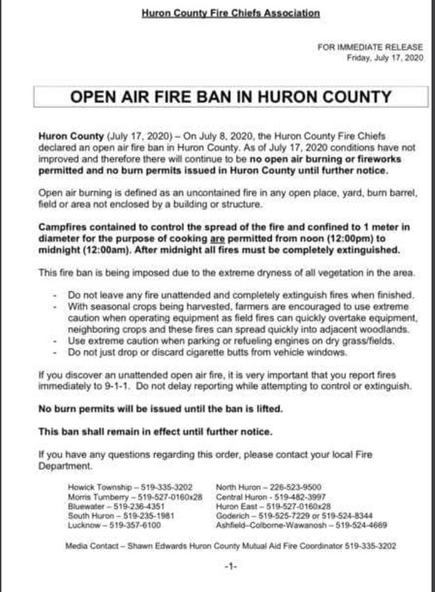 BREAKING: Huron County fire chiefs have reviewed the open air burn ban and have decided that conditions have NOT gotten better, the burn ban continues. Please refrain from open air burning or setting off fire works!
