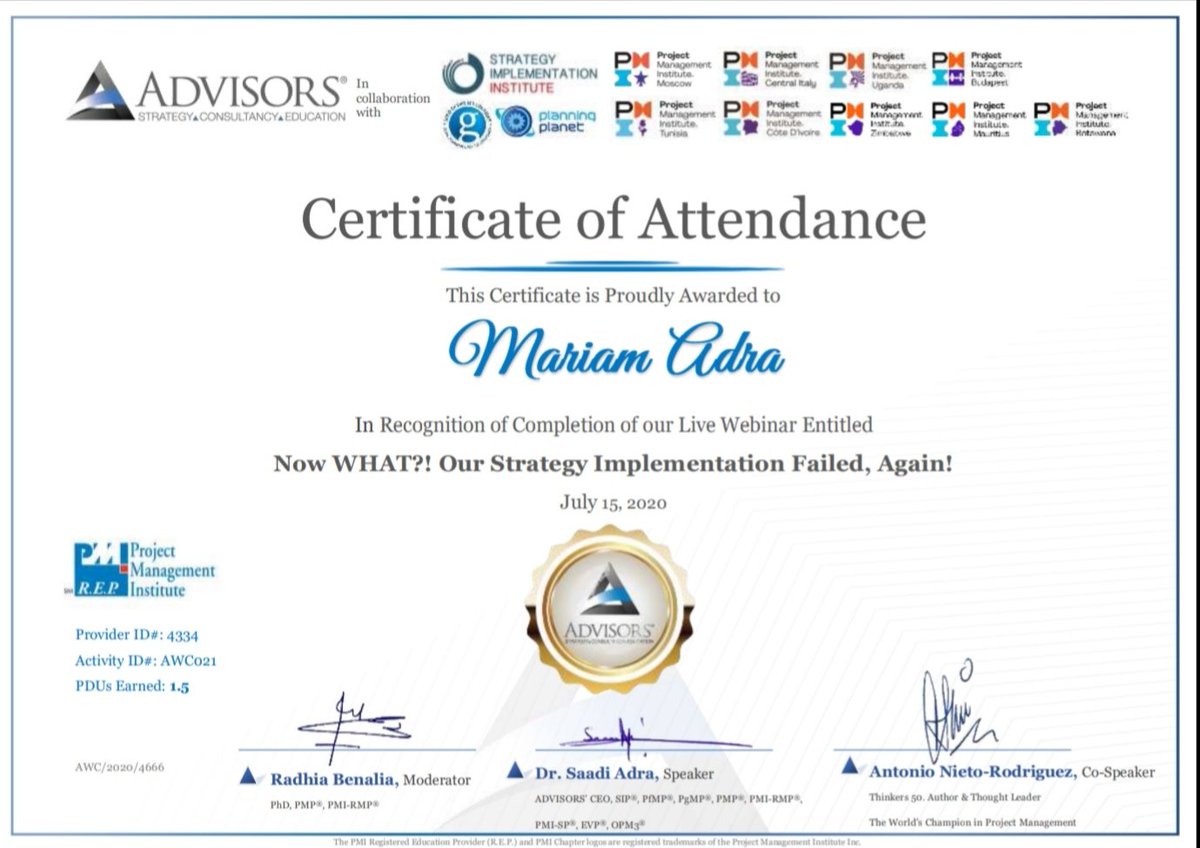 maryaaaadd's tweet photo. Watched my first webinar of the #12thweek with @advisors_sarl. Thank you for the certificate! Proud to be effectively engaging with 200+ attendees and 40+ nationalities!
@saadi_adra @RadhiaBenalia @ANietoRodriguez
.
#businesslife #passionforknowledge https://t.co/ndmVgSiy1B