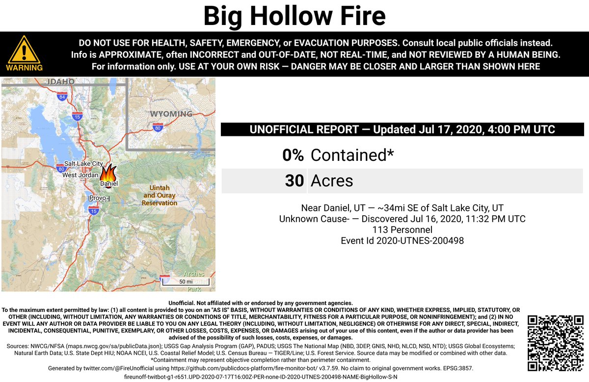 UtahNevFireBot's tweet image. #BigHollowFire 🔥 unofficial, automated update.
Near Daniel, UT. ⚠️ DO NOT USE FOR SAFETY PURPOSES - See officials instead. May be incorrect; disclaimers in images.