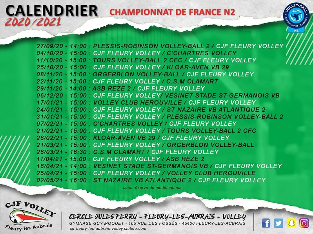 CJFVOLLEYBALL's tweet photo. 🏆🏐 Championnat N2M 2020/2021 🏐🏆
🚨Nous connaissons nos adversaires et le calendrier complet pour la saison prochaine🚨
(sous réserve de modifications) #volley #fleurylesaubrais https://t.co/FX321YkCxI