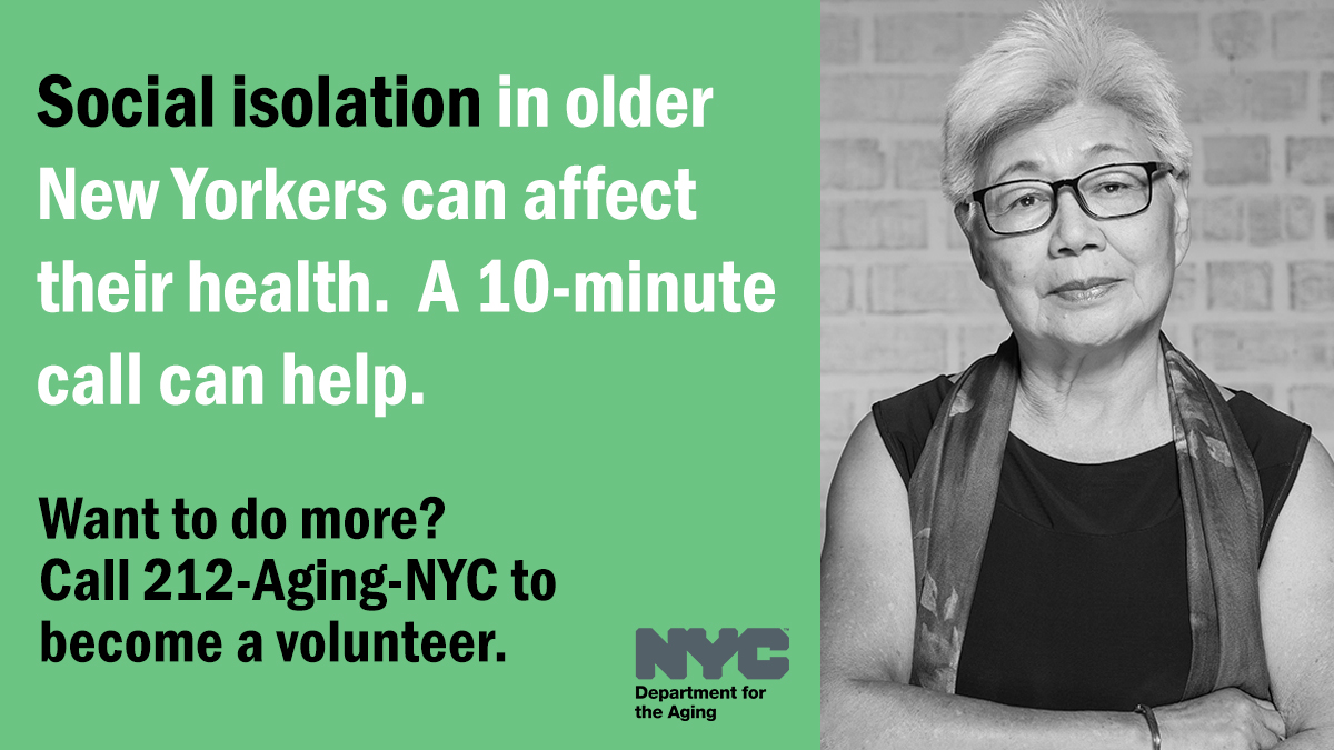 NYCAging's tweet photo. Older NYers who are staying home to stay safe are at increased risk of experiencing social isolation - but you can help. Call your older relatives, friends, & neighbors and ask how they are doing.
Want to do more?
Become a #FriendlyVisiting volunteer by calling 212-244-6469. https://t.co/ij3gyQ2xxa