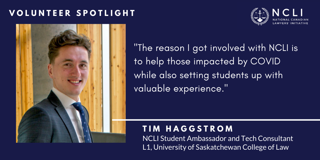 natcanlaw's tweet photo. #VolunteerSpotlight: Meet Tim Haggstrom, L1 student at @UsaskLaw and Student Ambassador and Tech Consultant at NCLI. Tim says he got involved with NCLI to help those impacted by COVID while also setting students up with valuable experience. Thank you for your hard work! https://t.co/RIxwFptEmT