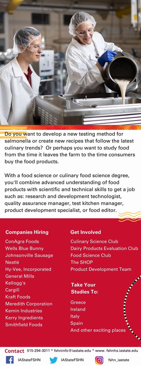 IAStateFSHN's tweet photo. Do you like experimenting with food? Interested in food safety and nutrition? You may be our next Food Science or Culinary Food Science major. Check out our online brochure!
#isufshn #foodscience #culinaryfoodscience #iowastate #iowastateuniversity https://t.co/r8WefNHesn