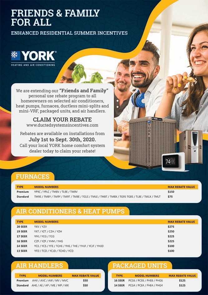 Beat the heat this summer and take advantage of this great rebate offer from York Home Comfort

Contractors, don't forget to let your customers know about the "Friends &amp; Family For All" rebate program, now extended through September!

#friendsfamily #hvacrebates #airconditioning