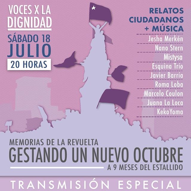 PlazaLillo's tweet photo. Este sábado 18, a nueve meses de la revuelta, todxs invitadxs a la transmisión especial 𝐆𝐄𝐒𝐓𝐀𝐍𝐃𝐎 𝐔𝐍 𝐍𝐔𝐄𝐕𝐎 𝐎𝐂𝐓𝐔𝐁𝐑𝐄, en @vocesxladignidad ⁣compartiremos el resultado de nuestra convocatoria 𝐎𝐂𝐓𝐔𝐁𝐑𝐄 𝐄𝐍 𝟏𝟖𝟎 𝐏𝐀𝐋𝐀𝐁𝐑𝐀𝐒. https://t.co/7G7KrmxeK3