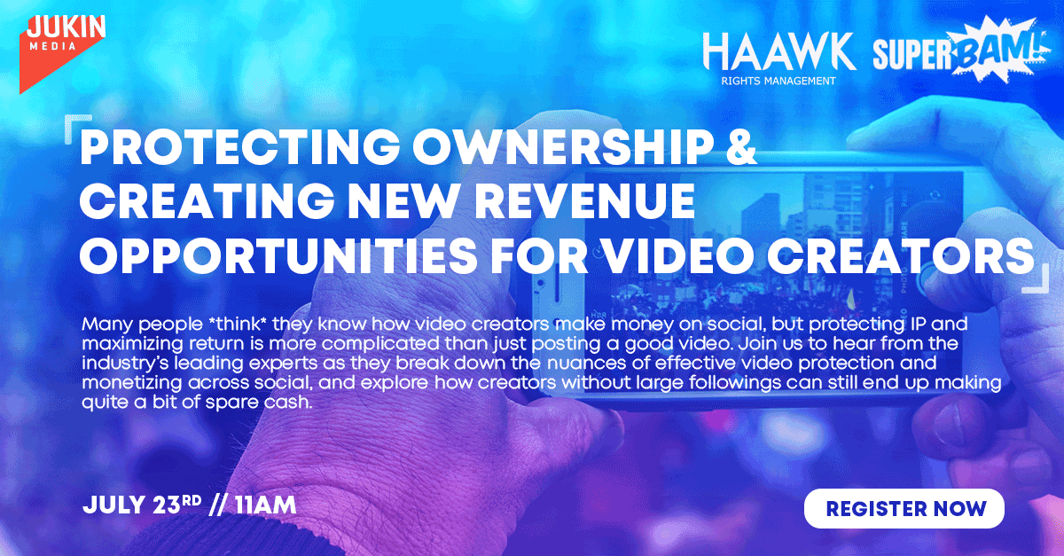 Join us next Thursday for our #virtualpanel discussion with industry experts from <a href="/HaawkInc/">HAAWK, Inc.</a> and <a href="/SuperBamDRM/">SuperBam</a>! Register now: bit.ly/3fE5pbS

#RightsManagement #ContentCreators #VideoCreators #JukinMedia #SuperBam #Haawk