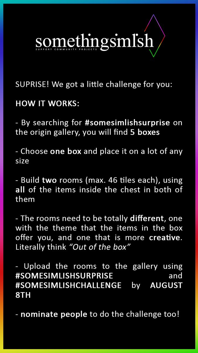 some_simlish's tweet photo. SURPRISE! Enter our surprise box challenge to (maybe, with a little luck) win a stuff pack of your choice! 🎉🎁 Head over to our #Simstagram to learn more about the challenge ❤️ #Sims4Giveaway #Sims4Challenge #Somesimlishchallenge #Sims4StuffPack https://t.co/HcpSXkRXhX