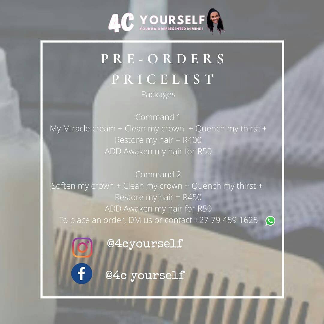 KecohNoyila's tweet photo. Our packages
Contact 079 459 1625 or DM us on IF @4cYourself 

#GirlBuyZA #GirlsTalkZA #girlstalk #Giveaway https://t.co/e85IkUvgaO