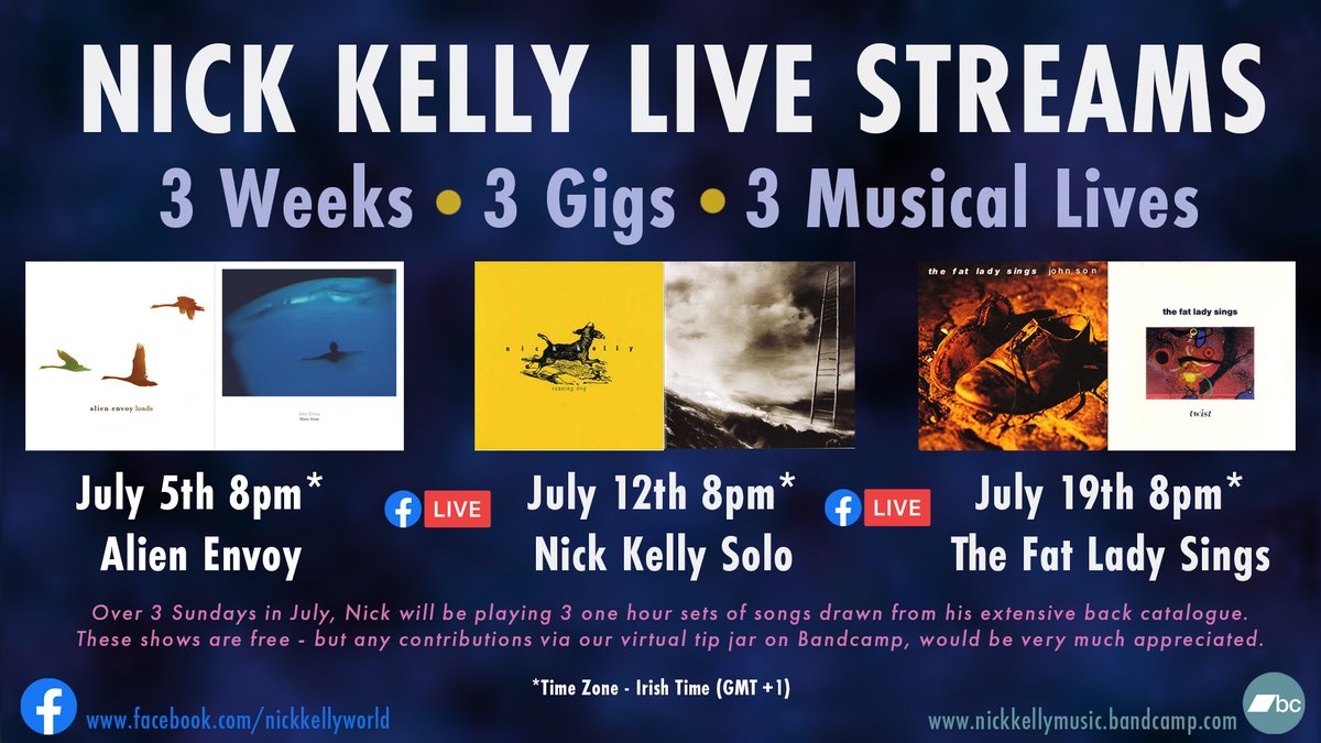 Just a quick reminder that our multi-talented Director Nick Kelly is live streaming the final gig of his 3 part series this Sunday (July 19th 8pm Irish time) on FB here:
facebook.com/NickKellyWorld/

This week he will be playing songs from his band 'The Fat Lady Sings'. 

PLS RT