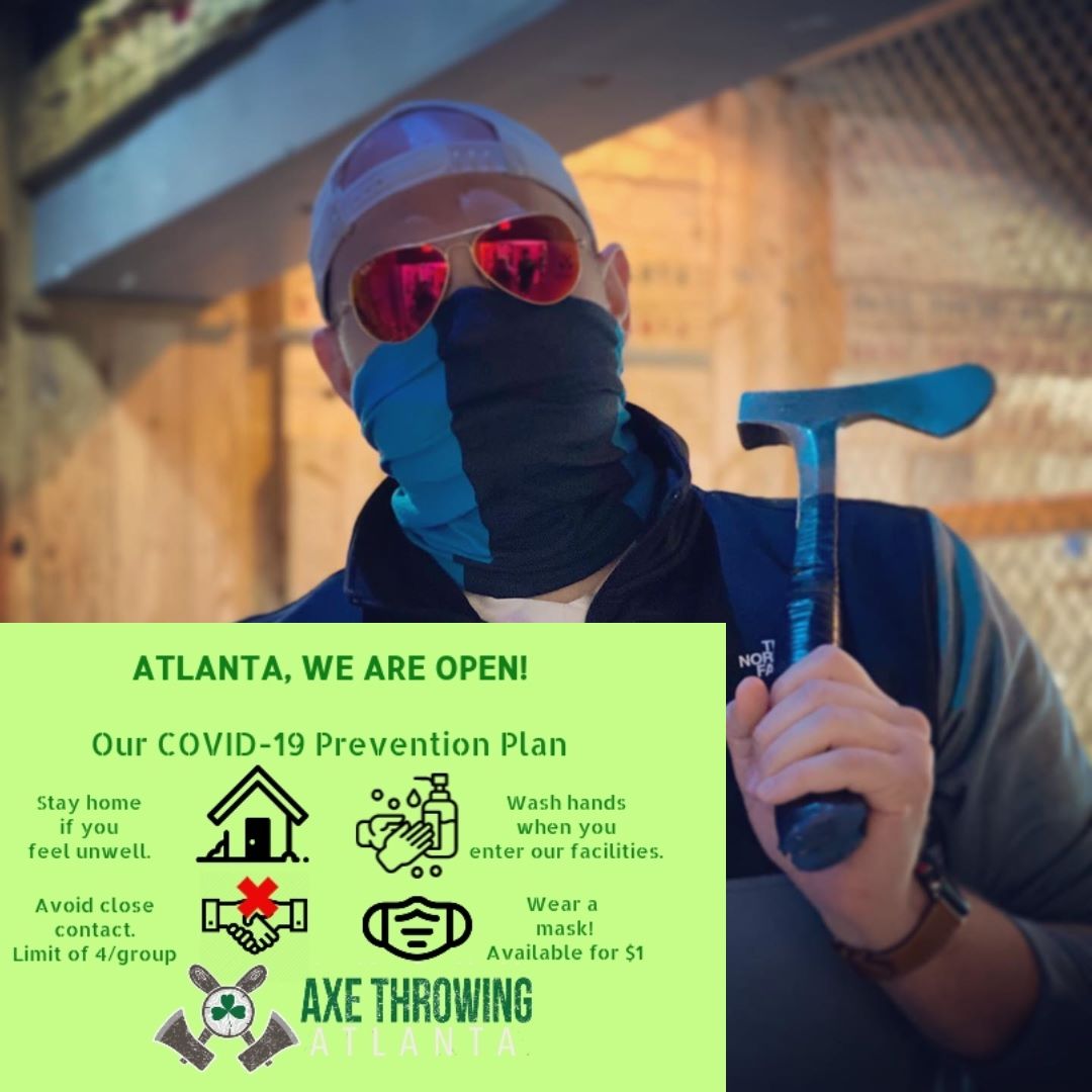 AxeThrowingAtl's tweet photo. Cabin fever setting in? We've got you covered! Come on down for one hour of axe throwing to release that energy. Good friends, great games, fun music, and drinks from @CluesandCocktails What more could you ask for? #axethrowing #wearyourmask #safetyfirst #atlanta #sports #atl https://t.co/JZNBqCj6v2